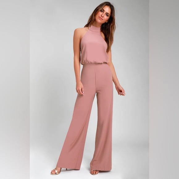 NEW Lulu’s Dusty Pink Halter Jumpsuit Wide Leg High Waist Size Small - Picture 1 of 12